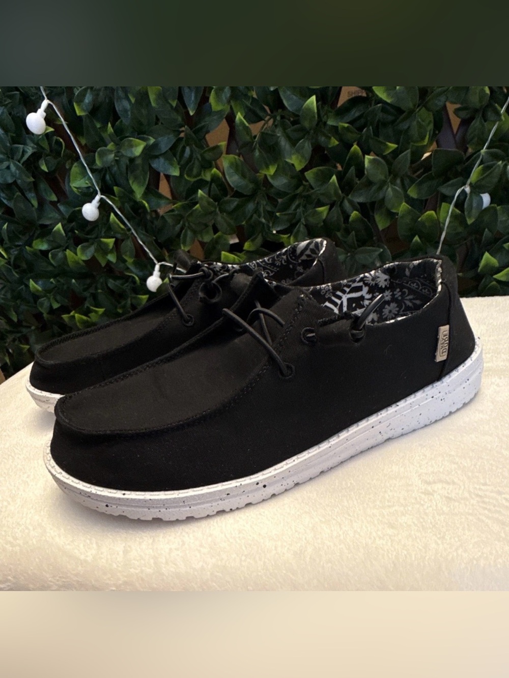 Hey Dude Womens 8 Black Slip-On Sneakers with White Speckled Soles - Picture 2 of 6